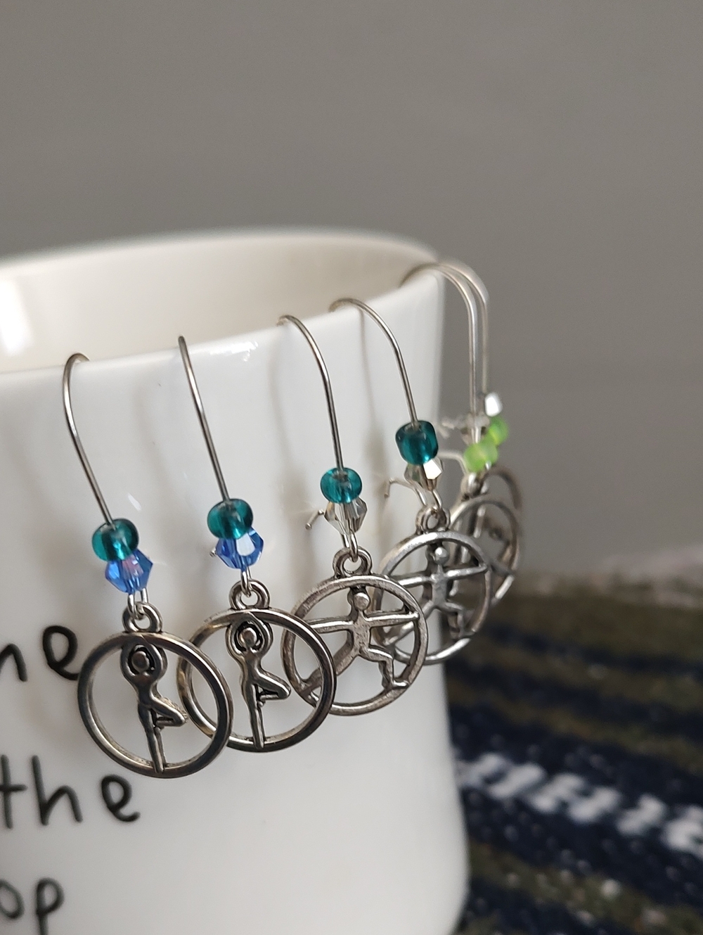 Silver Yoga Drop Earrings with Teal and Lime Glass And Crystal Beads Warrior